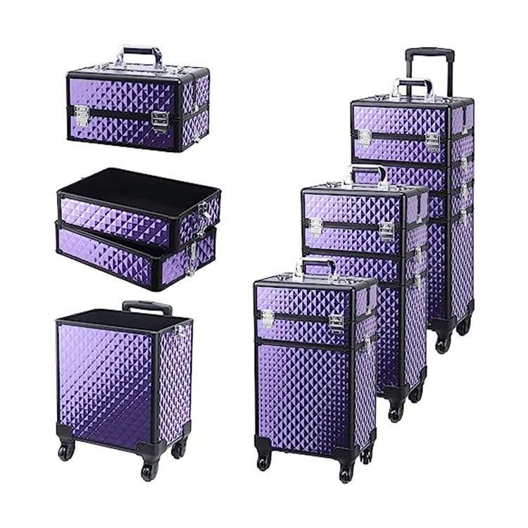 4 in1 Large Capacity Lockable Aluminum Travel Beauty Box Vanity Nail Salon Portable Makeup Train Rolling Case