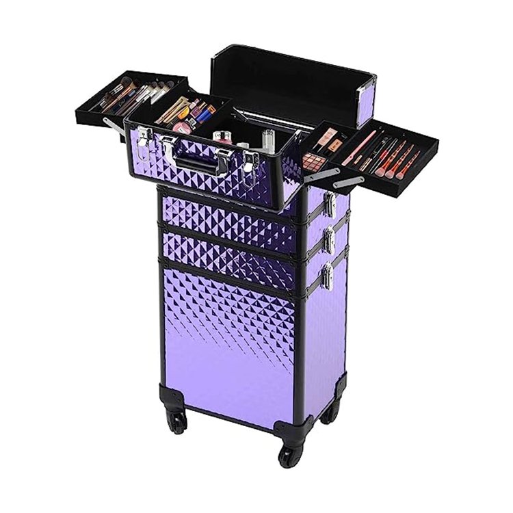 4 in1 Large Capacity Lockable Aluminum Travel Beauty Box Vanity Nail Salon Portable Makeup Train Rolling Case