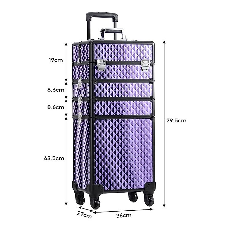 4 in1 Large Capacity Lockable Aluminum Travel Beauty Box Vanity Nail Salon Portable Makeup Train Rolling Case