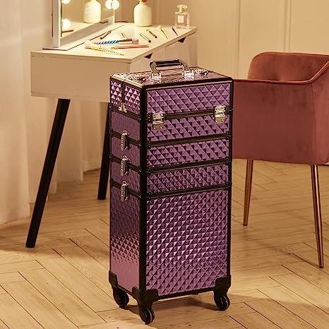 4 in1 Large Capacity Lockable Aluminum Travel Beauty Box Vanity Nail Salon Portable Makeup Train Rolling Case