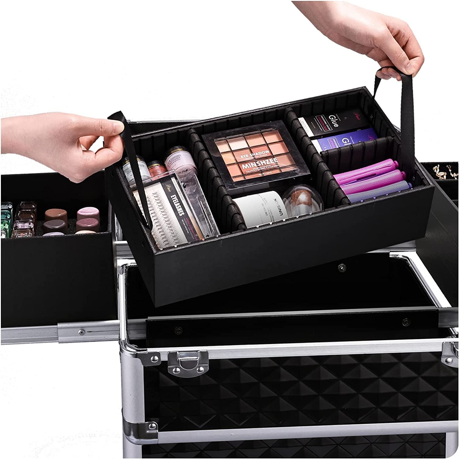 Rolling Makeup Train Case Large Cosmetic Trolley 4 Tray Salon Barber Nail Artist Storage Travel Case