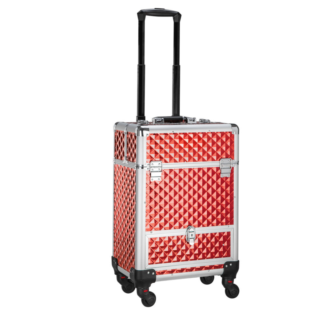 Professional Aluminum Rolling Train Makeup Case Nail Hairdressing Salon Beauty Case with Diamond Textures Red/Black