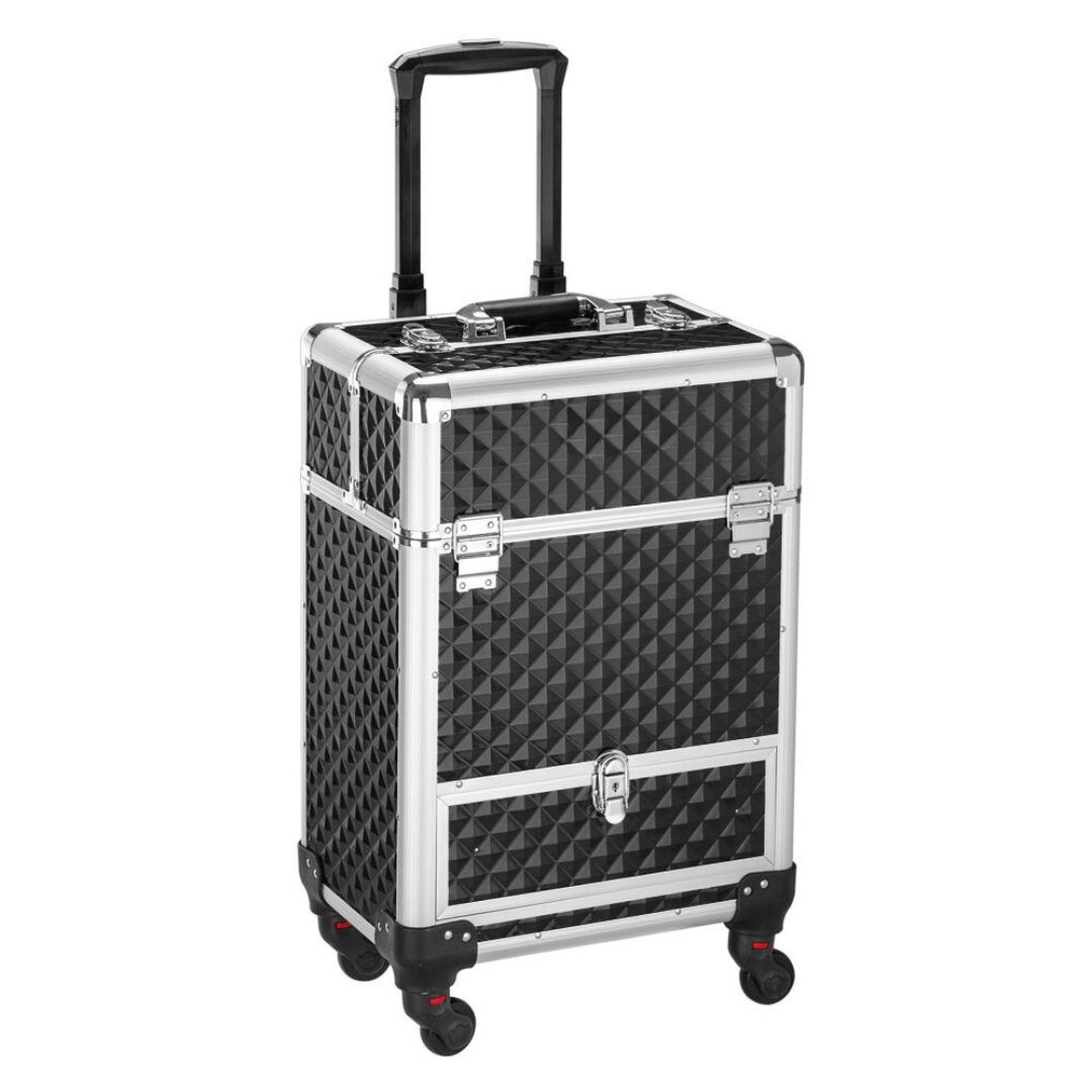 Professional Aluminum Rolling Train Makeup Case Nail Hairdressing Salon Beauty Case with Diamond Textures Red/Black