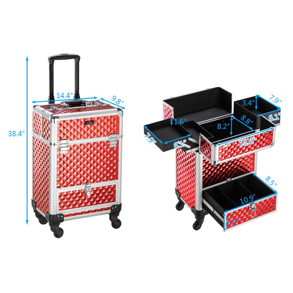 Professional Aluminum Rolling Train Makeup Case Nail Hairdressing Salon Beauty Case with Diamond Textures Red/Black