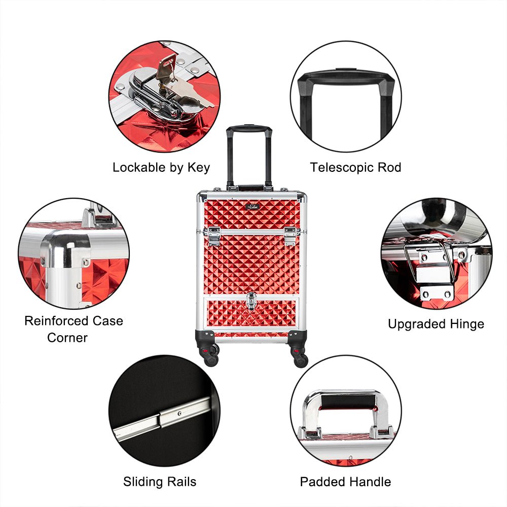 Professional Aluminum Rolling Train Makeup Case Nail Hairdressing Salon Beauty Case with Diamond Textures Red/Black