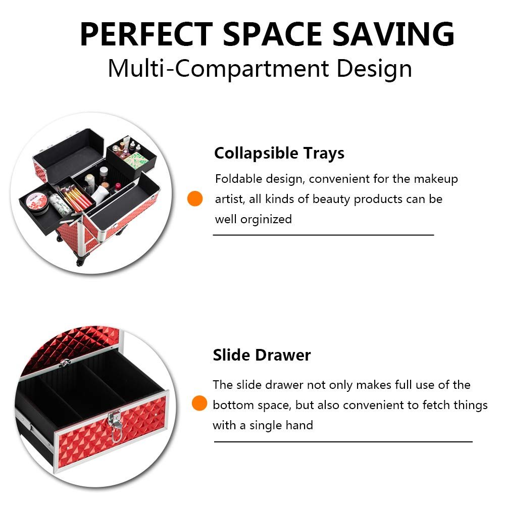 Professional Aluminum Rolling Train Makeup Case Nail Hairdressing Salon Beauty Case with Diamond Textures Red/Black