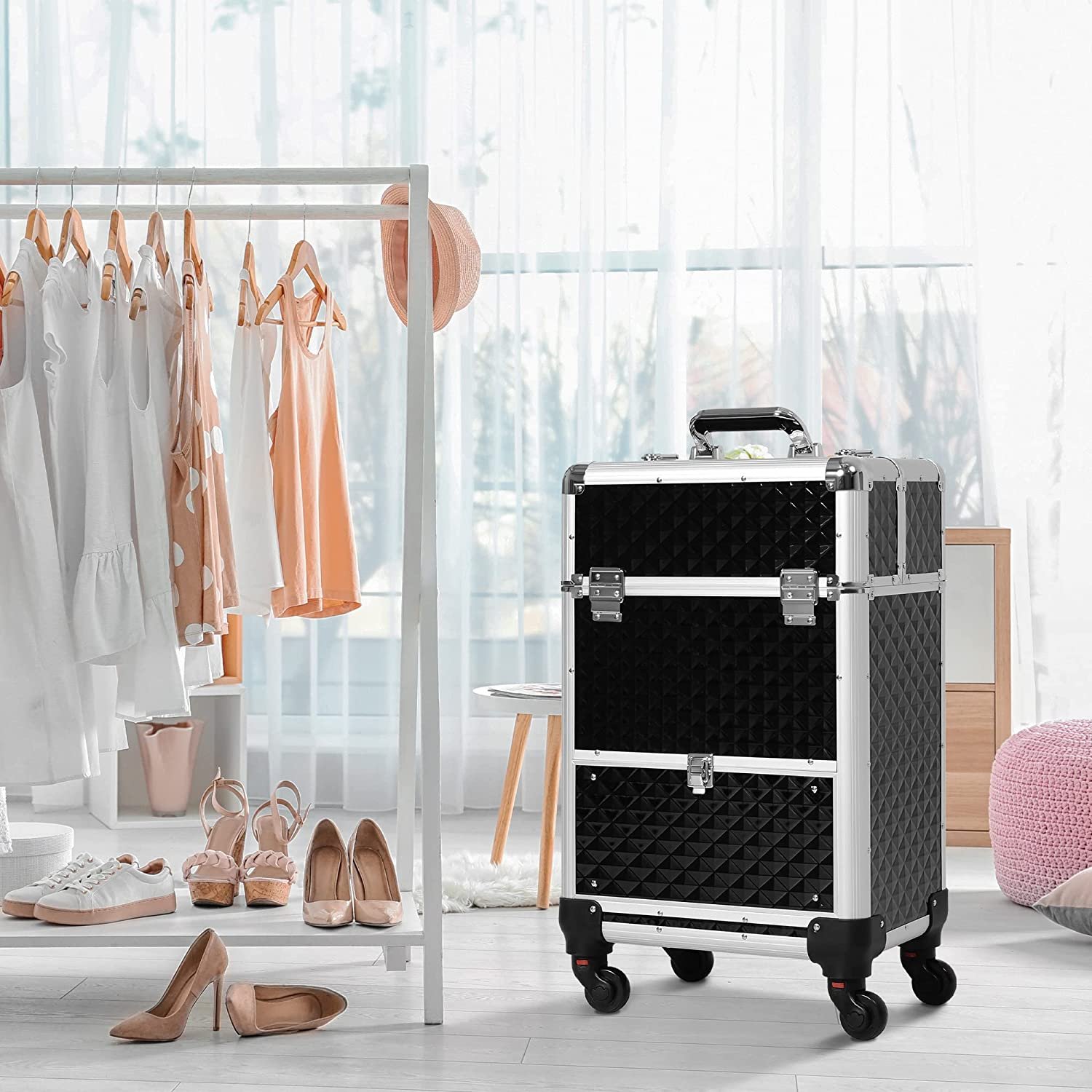 Portable Aluminum Makeup Train Cases, Rolling Makeup Case, Salon Beauty Cosmetic Jewelry Organizer Trolley with 4 Wheels