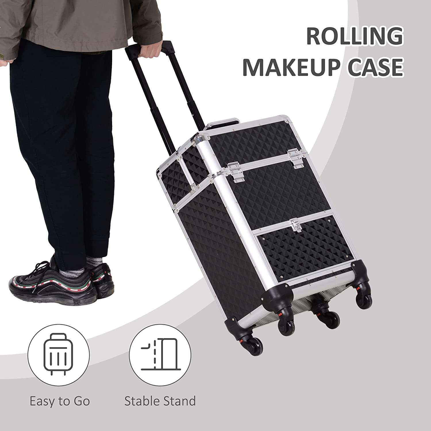 Portable Aluminum Makeup Train Cases, Rolling Makeup Case, Salon Beauty Cosmetic Jewelry Organizer Trolley with 4 Wheels