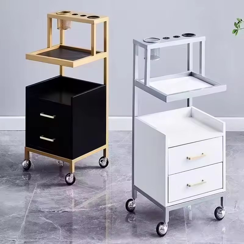 Barber Beauty Specialist Leather Mobile Salon Trolley Hot Dyeing Tool Metal Shelving Cabinet Hair Salon Living Room Dining