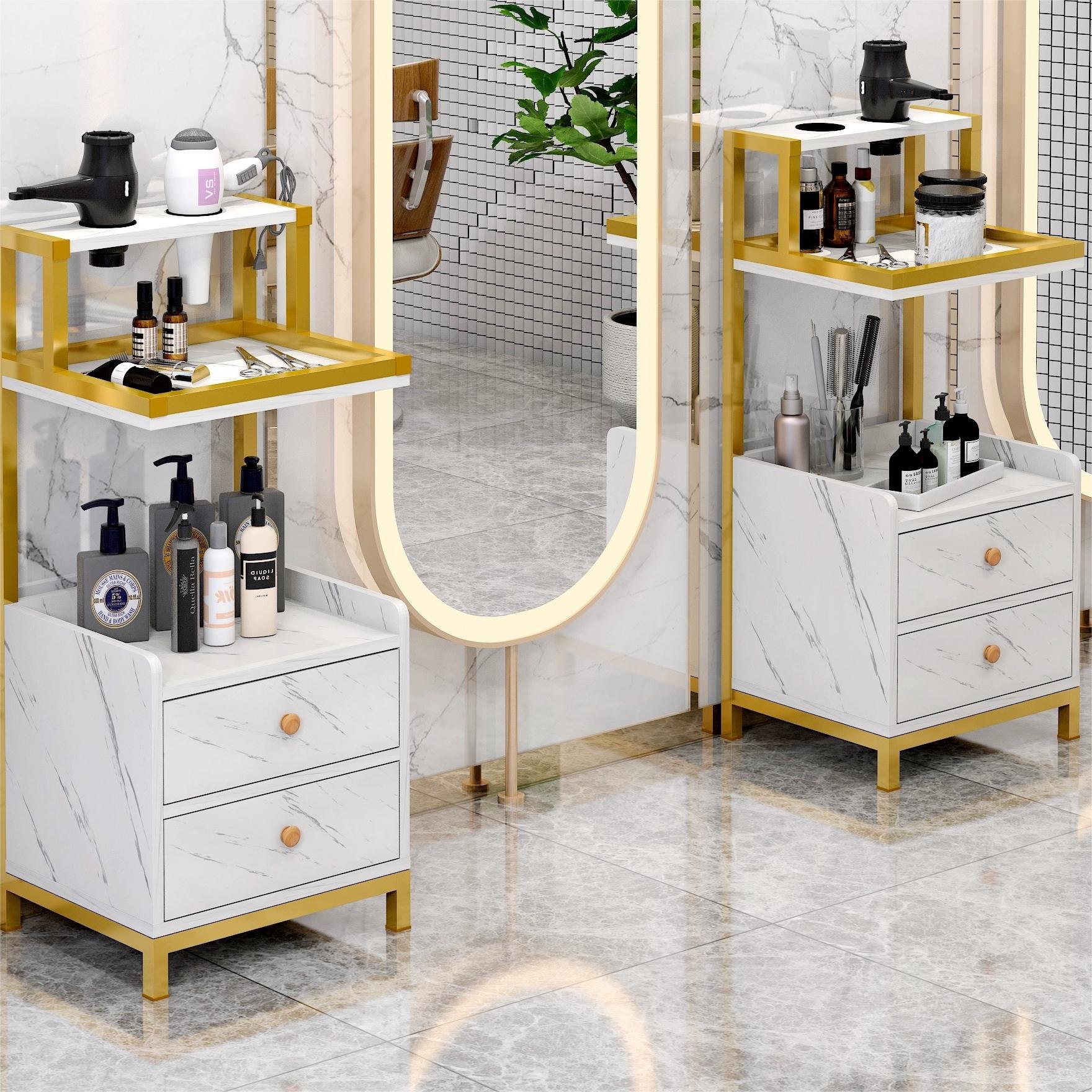 barber steel shop Luxury stainless plated with directional wheels metal gold salon barber trolley