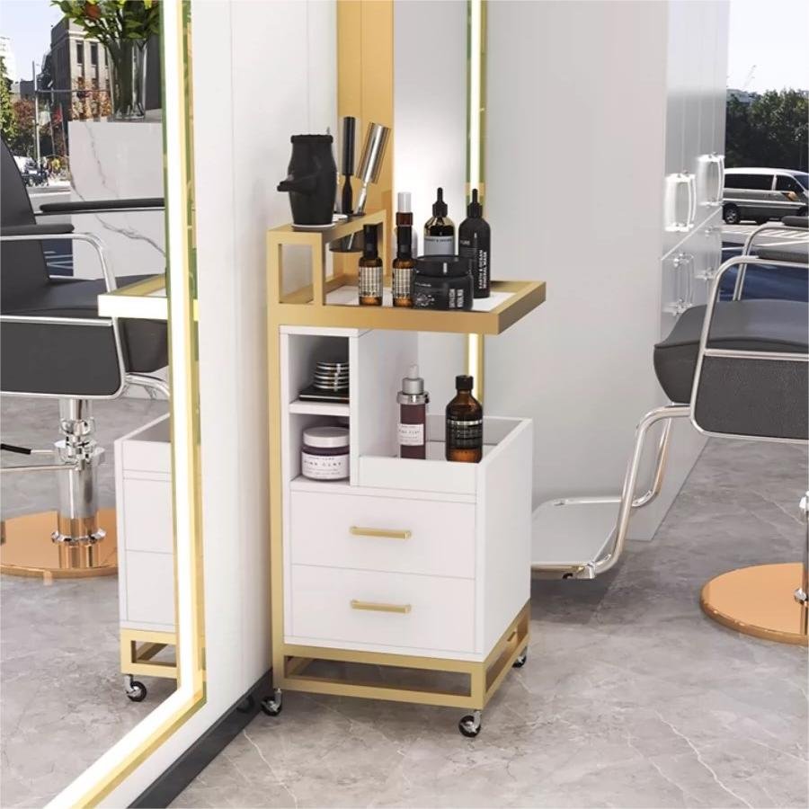 barber steel shop Luxury stainless plated with directional wheels metal gold salon barber trolley