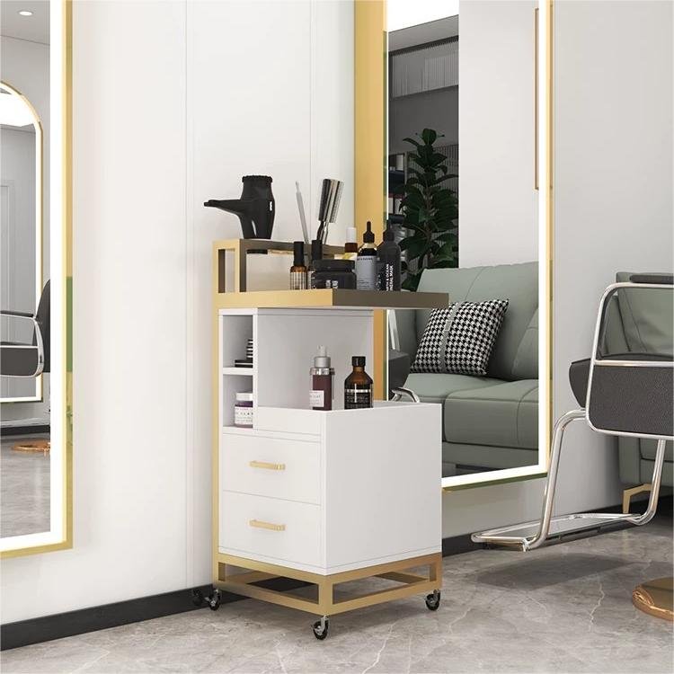 barber steel shop Luxury stainless plated with directional wheels metal gold salon barber trolley