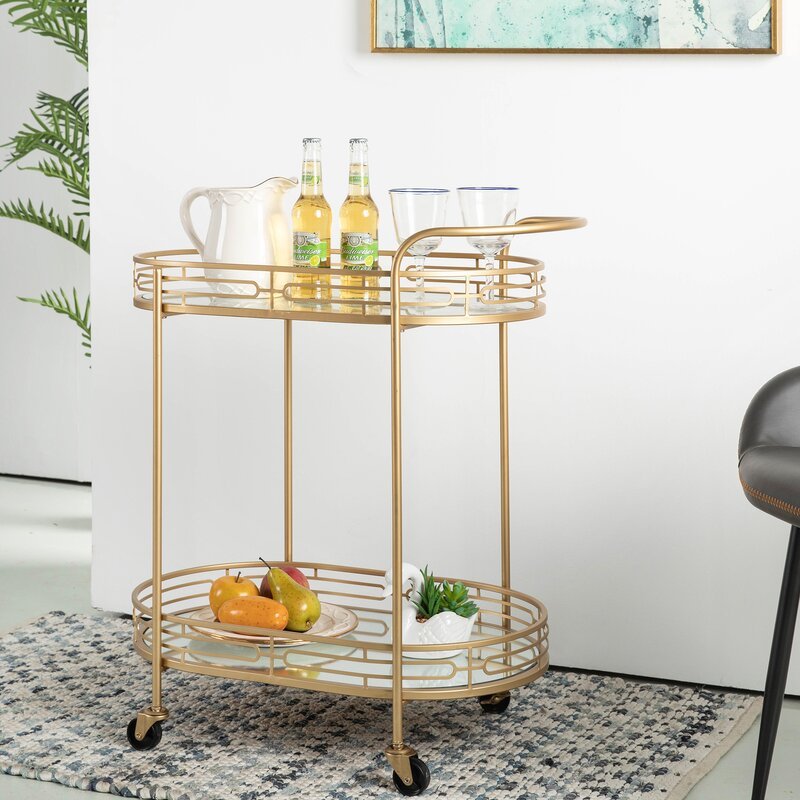 SWT Home Kitchen Gold Metal Rolling Bar Cart Metal Trolley With Wheels