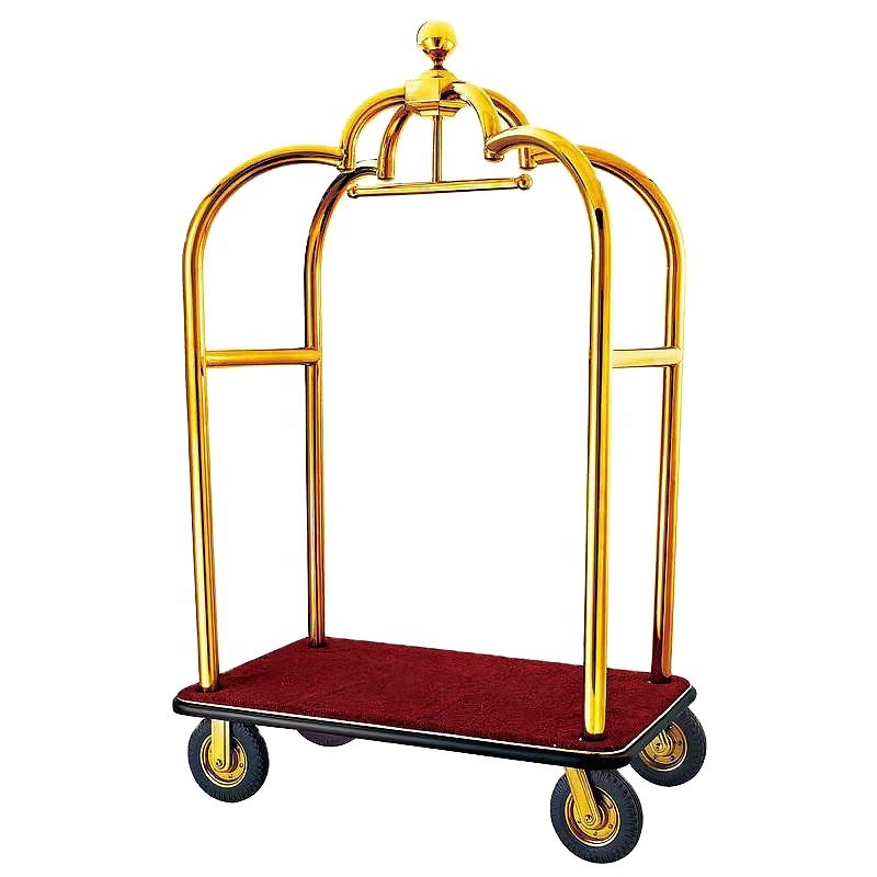Luxury hotel silent wheel luggage cart stainless steel metal load cart lobby concierge push-pull service flat cart