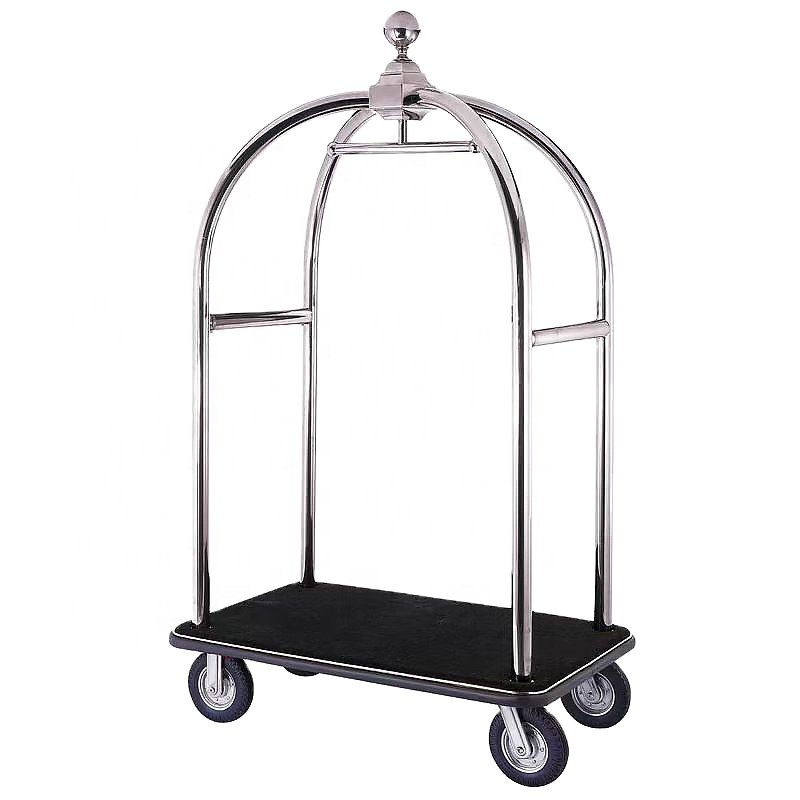 Luxury hotel silent wheel luggage cart stainless steel metal load cart lobby concierge push-pull service flat cart