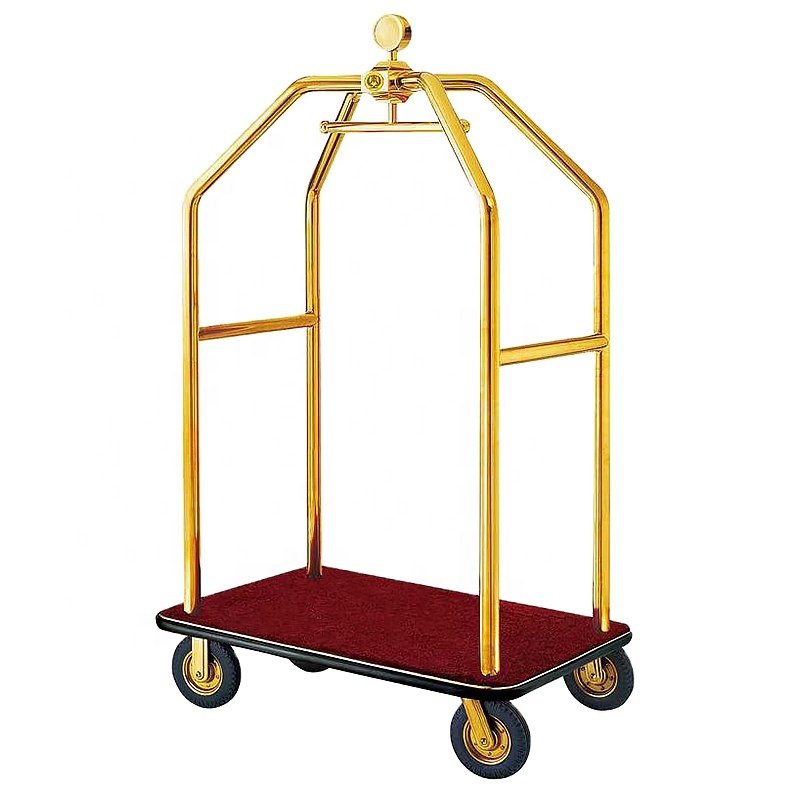 Luxury hotel silent wheel luggage cart stainless steel metal load cart lobby concierge push-pull service flat cart