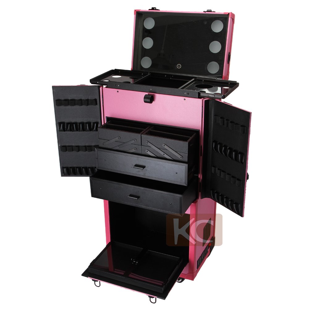 KONCAI FAMA factory Large capacity aluminum rolling trolley travel makeup case hair salon equipment cosmetic bag case