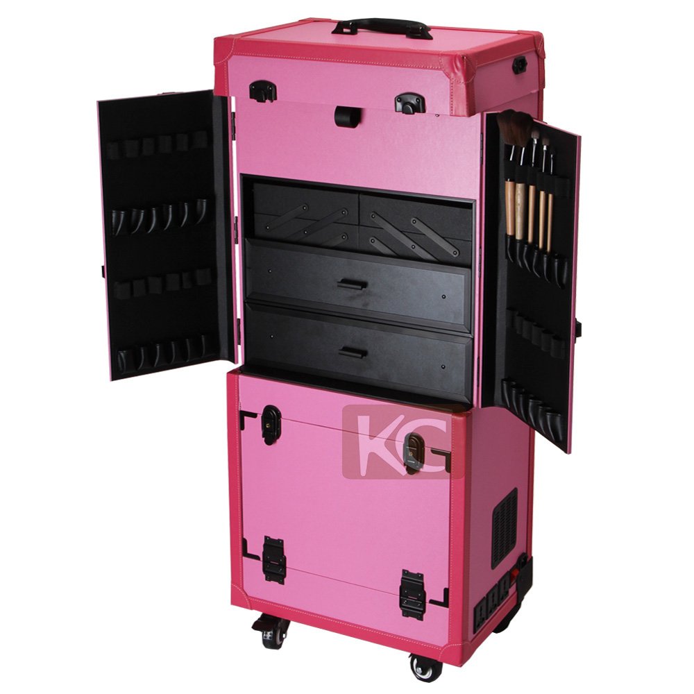 KONCAI FAMA factory Large capacity aluminum rolling trolley travel makeup case hair salon equipment cosmetic bag case