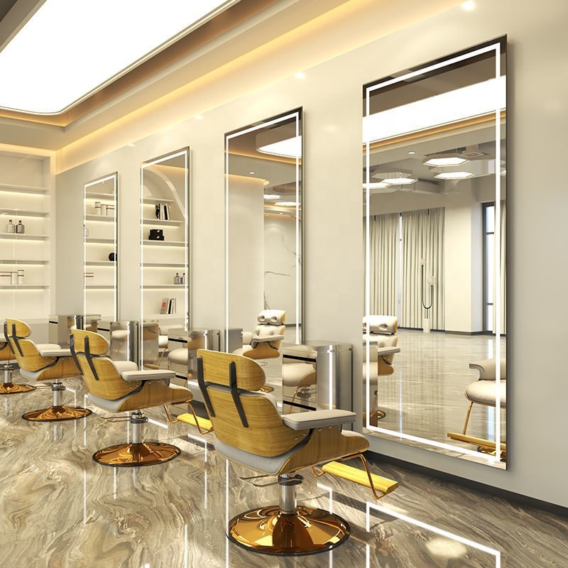 Stainless Steel Styling Stations Mirror Station With LED Metal Barber Salon Furniture