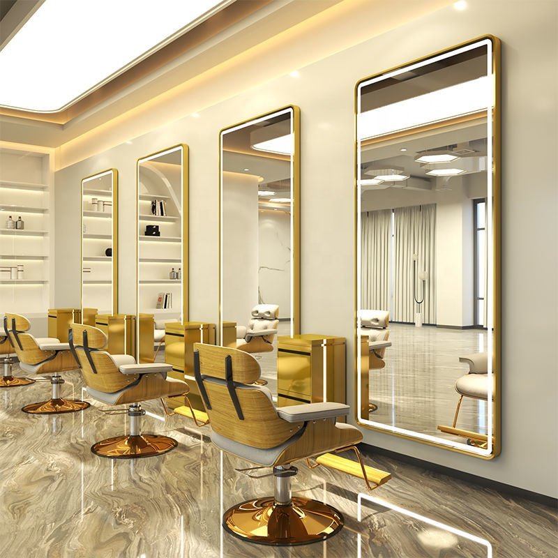Stainless Steel Styling Stations Mirror Station With LED Metal Barber Salon Furniture