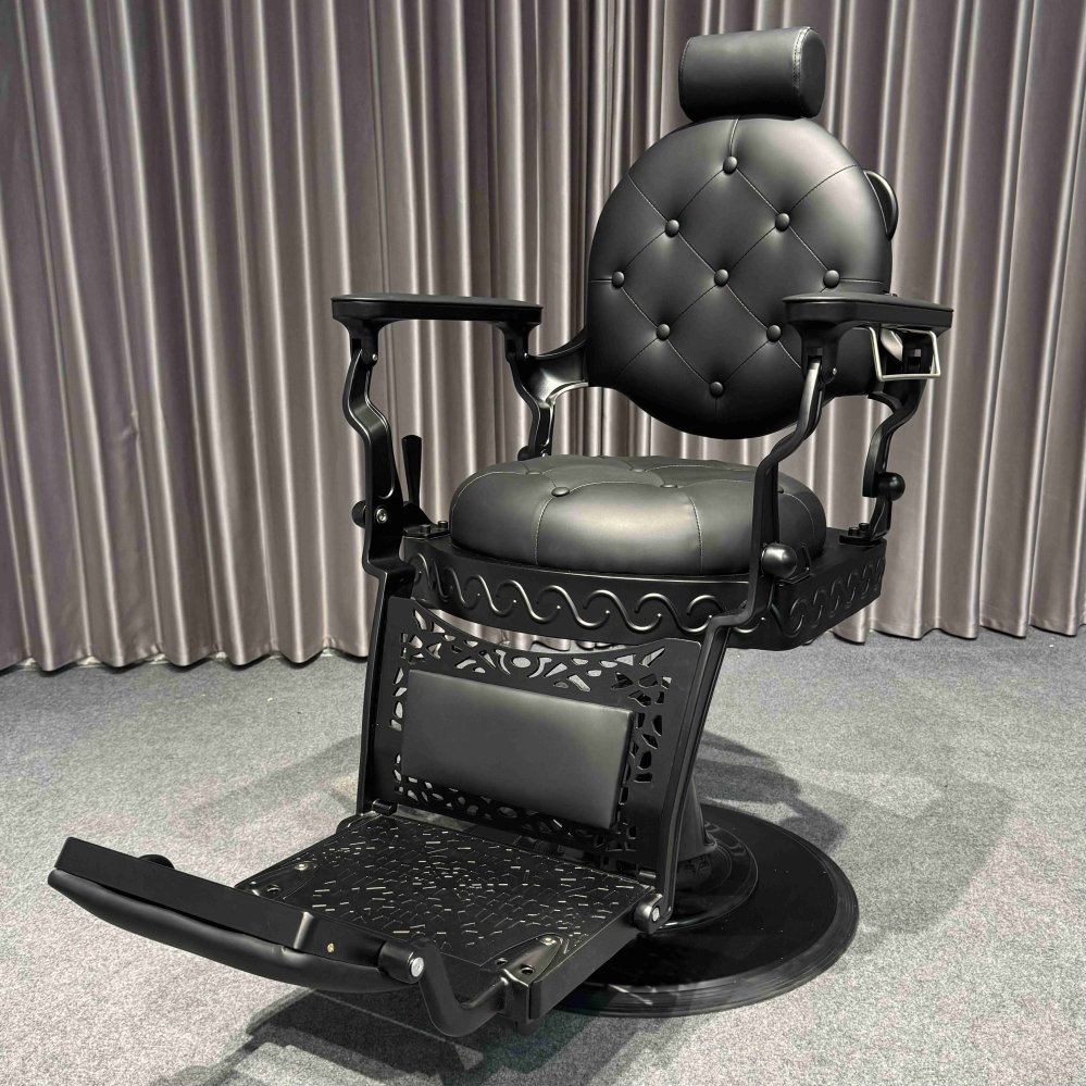 European Heavy-Duty Aluminum Alloy Barber Chair Gold and Black Salon Chair with Styling Belt for Barbershop and Beauty Salons