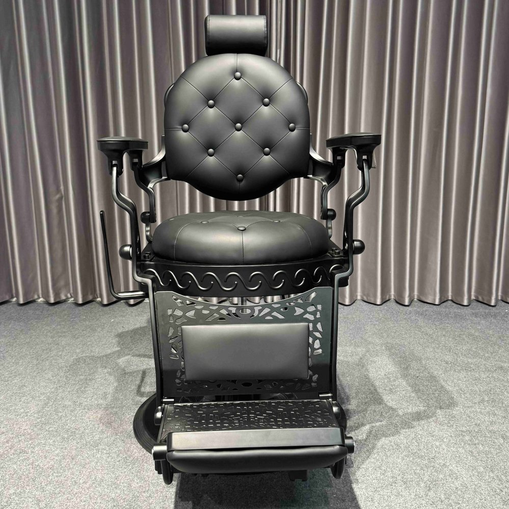 European Heavy-Duty Aluminum Alloy Barber Chair Gold and Black Salon Chair with Styling Belt for Barbershop and Beauty Salons
