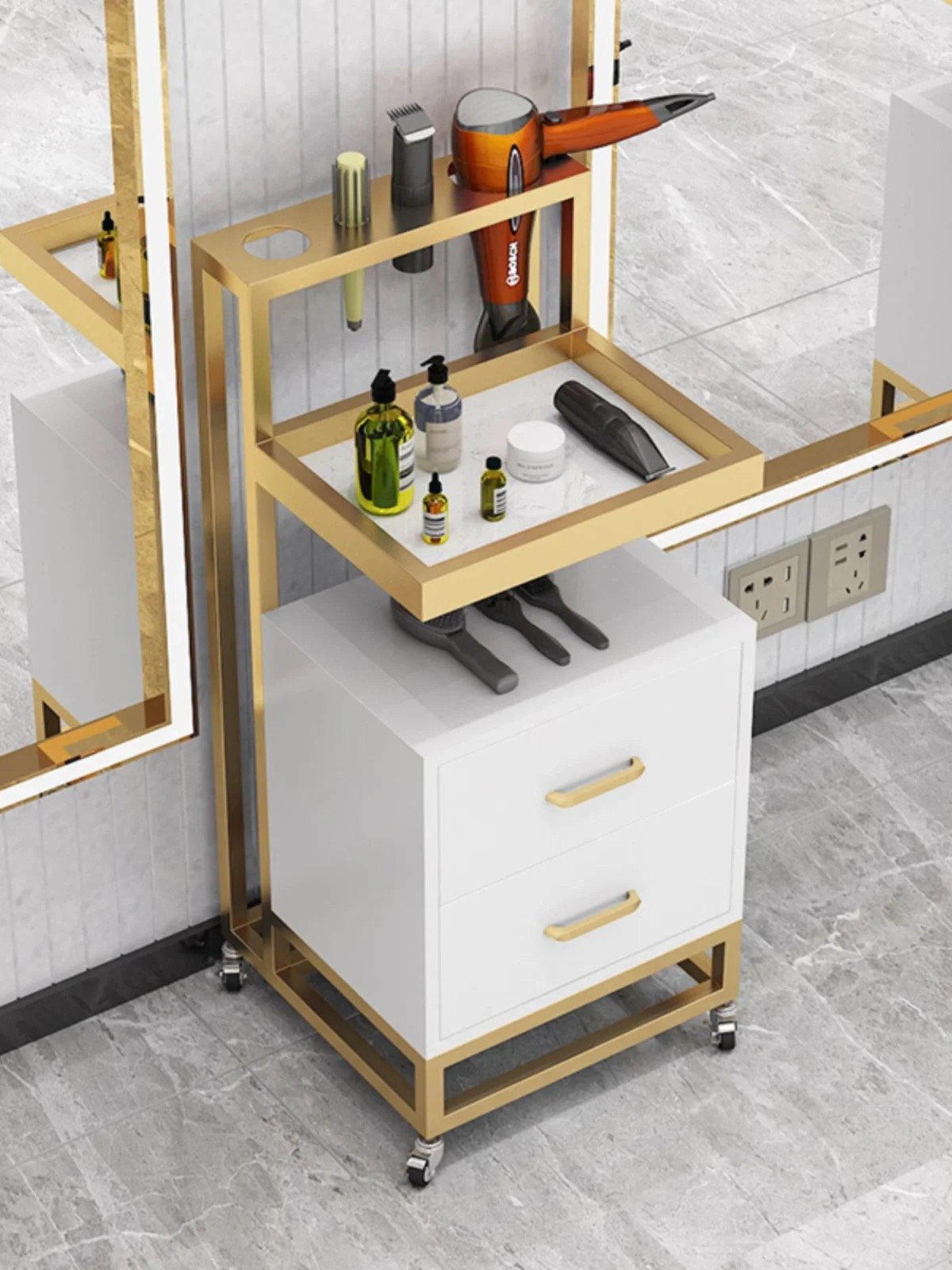 Luxury Barber Sop Furniture Stainless Steel Styling Salon Tool Beauty Hair Salon Side Trolley with wheels and Drawers