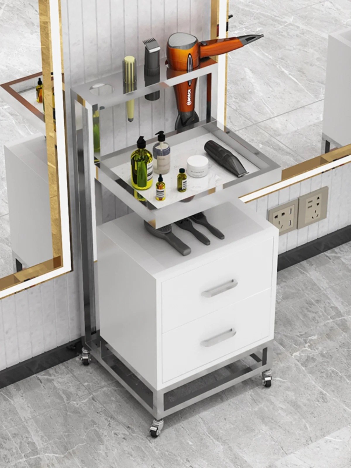 Luxury Barber Sop Furniture Stainless Steel Styling Salon Tool Beauty Hair Salon Side Trolley with wheels and Drawers