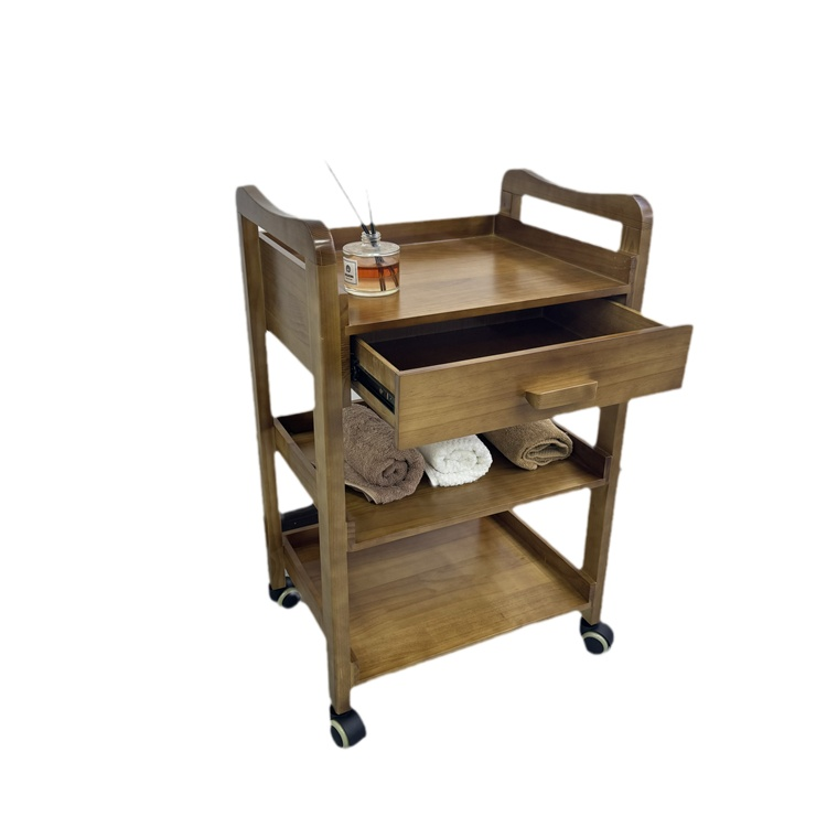 Three-Layer Mobile Multi-Functional Hair and Beauty Trolley Wooden Tool Cart for Salon Furniture for Living Room Use