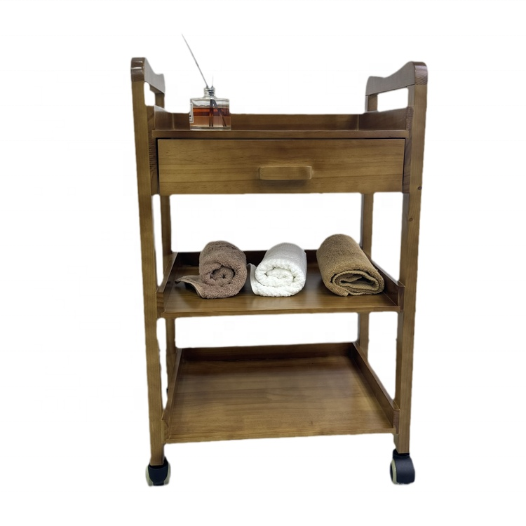 Three-Layer Mobile Multi-Functional Hair and Beauty Trolley Wooden Tool Cart for Salon Furniture for Living Room Use