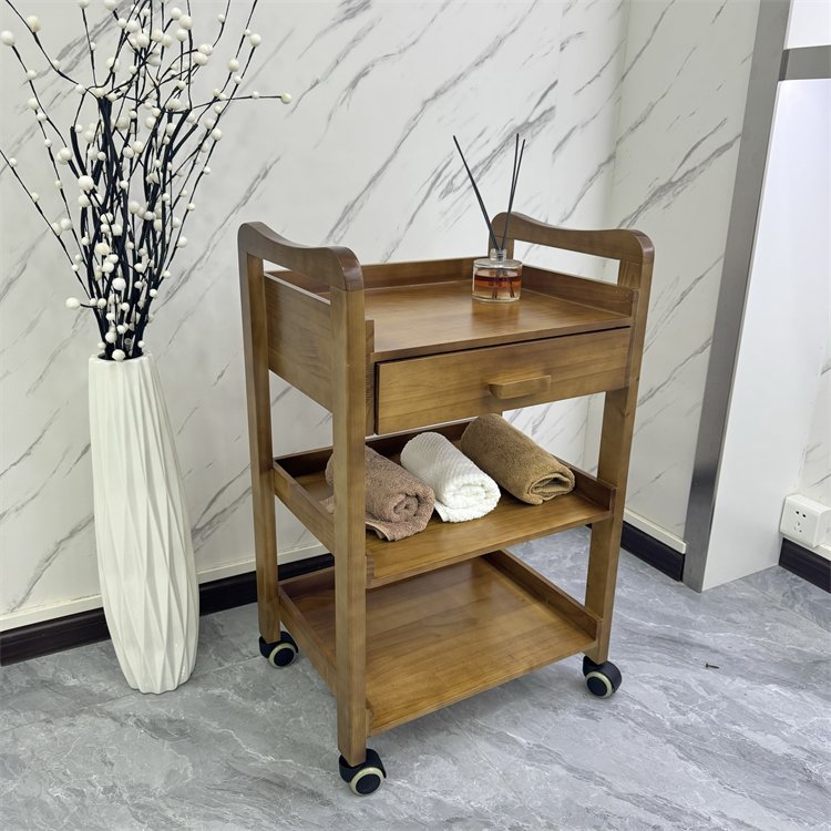 Three-Layer Mobile Multi-Functional Hair and Beauty Trolley Wooden Tool Cart for Salon Furniture for Living Room Use