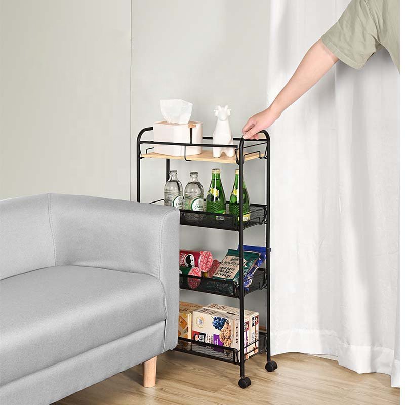 OTY14-1 4 Tier Slim Rolling Storage Organizer Cart Mobile Shelving Unit Bathroom Kitchen Storage Utility Cart Trolley