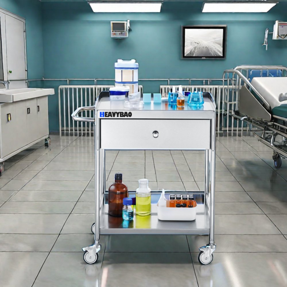 Heavybao Stainless Steel Utility Trolley for Lab Clinic Kitchen Salon Hospital Laundry Hotel-Metal Medical Cart Trolley