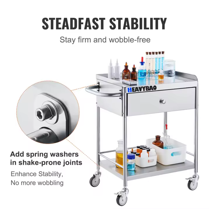 Heavybao Stainless Steel Utility Trolley for Lab Clinic Kitchen Salon Hospital Laundry Hotel-Metal Medical Cart Trolley