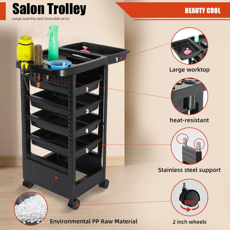 Plastic Salon Trolley Customisable Durable Wholesale Modern for Home Barber Shop Multifunctional 4 Wheels Carton