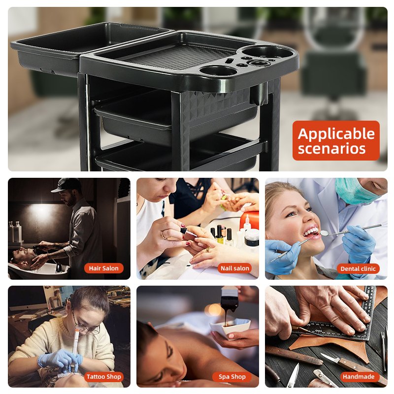 Plastic Salon Trolley Customisable Durable Wholesale Modern for Home Barber Shop Multifunctional 4 Wheels Carton