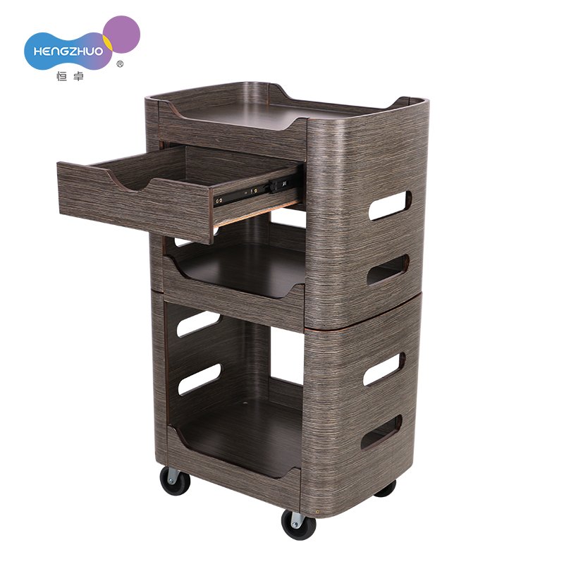 2 Layers Metal Wooden Nail Storage Cart Beauty Facial Spa Trolley With 4 Wheels