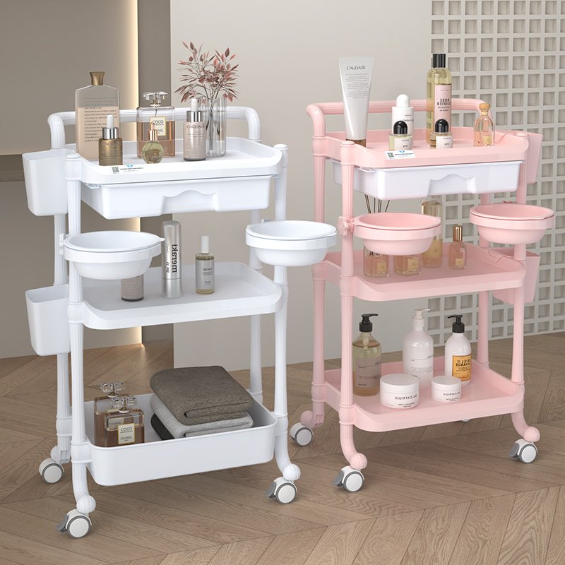 Custom High Quality SPA Cart Barber 3 Tier Organizer Storage Cart White Pink ABS Beauty Center Cart With Washbowl and Drawer