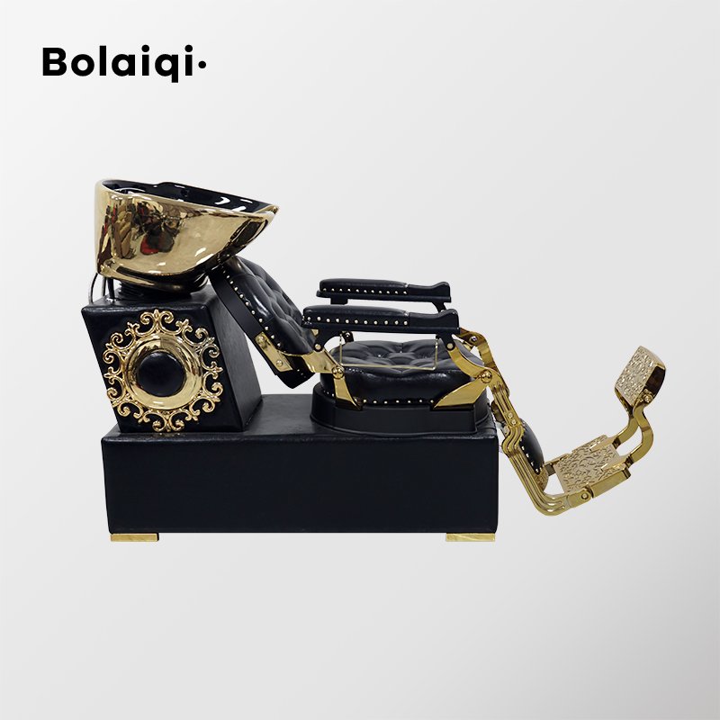 BOLAIQI shampoo bowls sink and chair gold ceramic basin aluminum barber chair seat black shampoo hair washing station