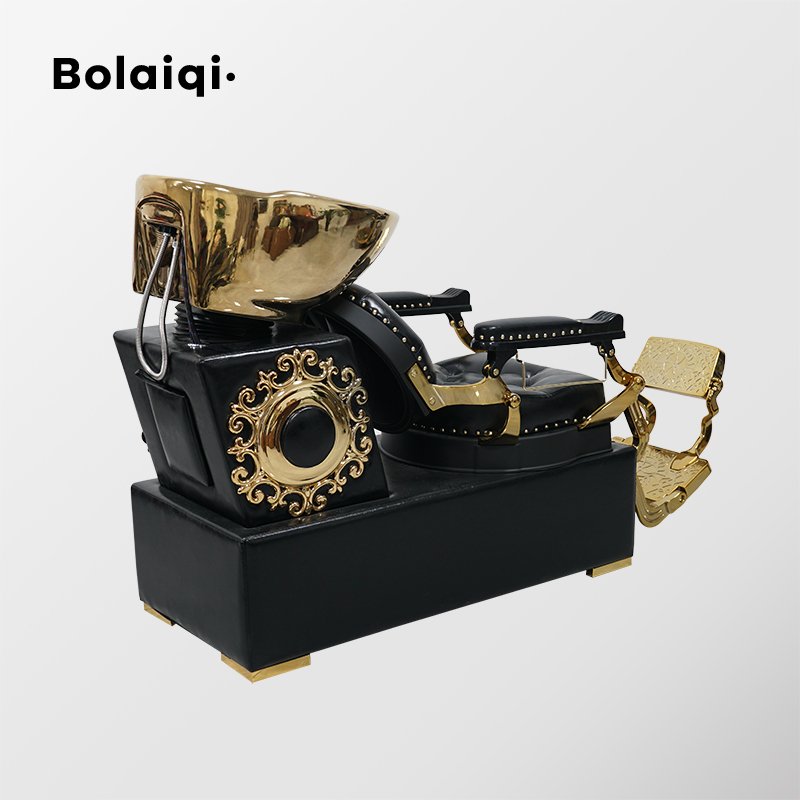 BOLAIQI shampoo bowls sink and chair gold ceramic basin aluminum barber chair seat black shampoo hair washing station