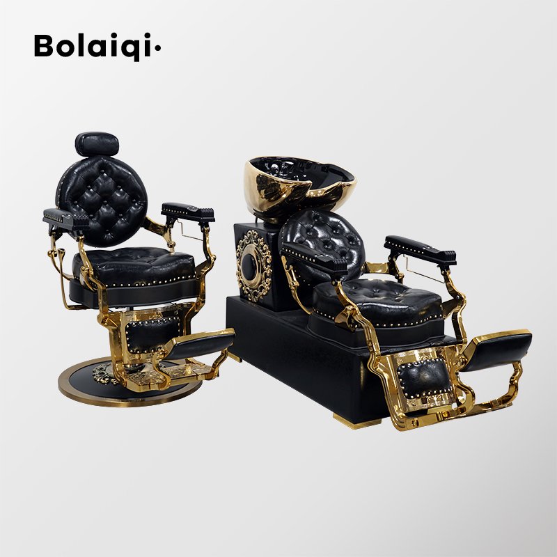 BOLAIQI shampoo bowls sink and chair gold ceramic basin aluminum barber chair seat black shampoo hair washing station