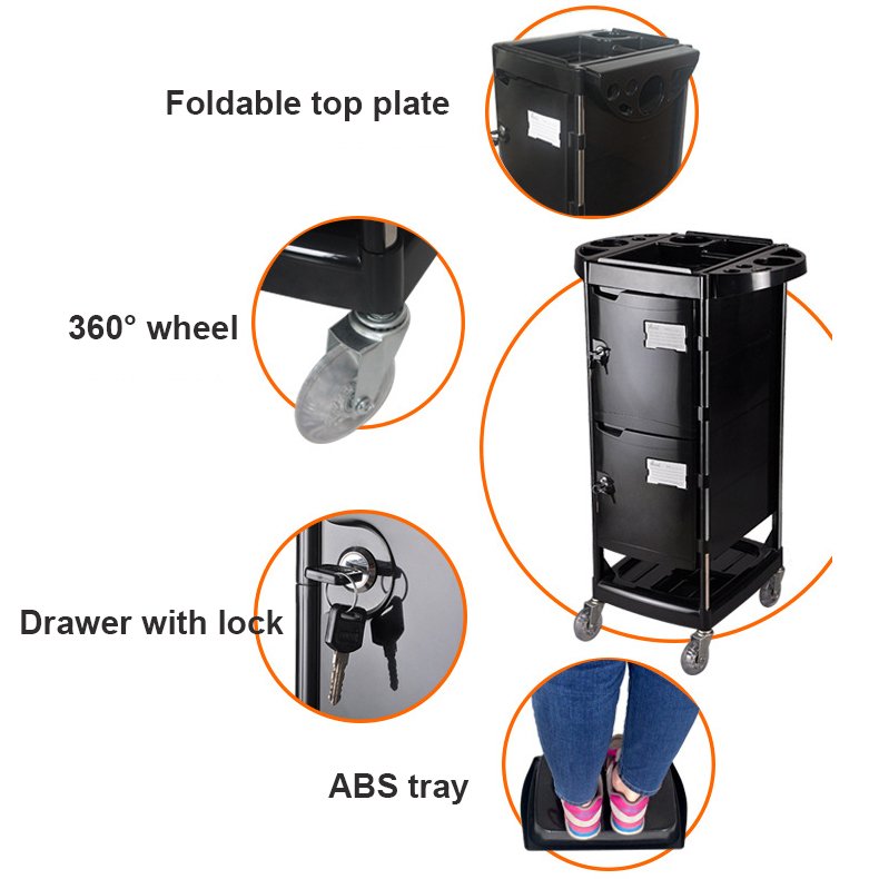 Black Plastic ABS Salon Trolley Cart with Lock