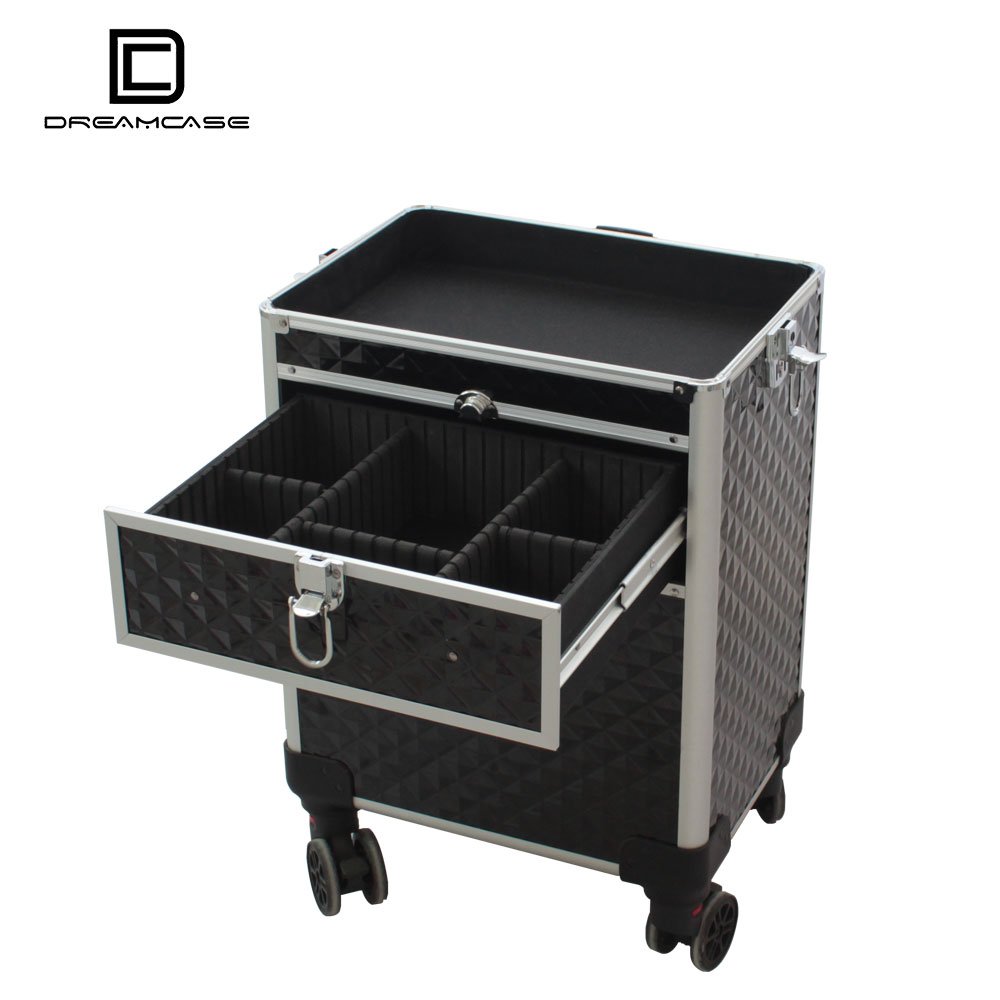 c Beauty salon hard train rolling makeup stand cosmetic case aluminium trolley train vanity