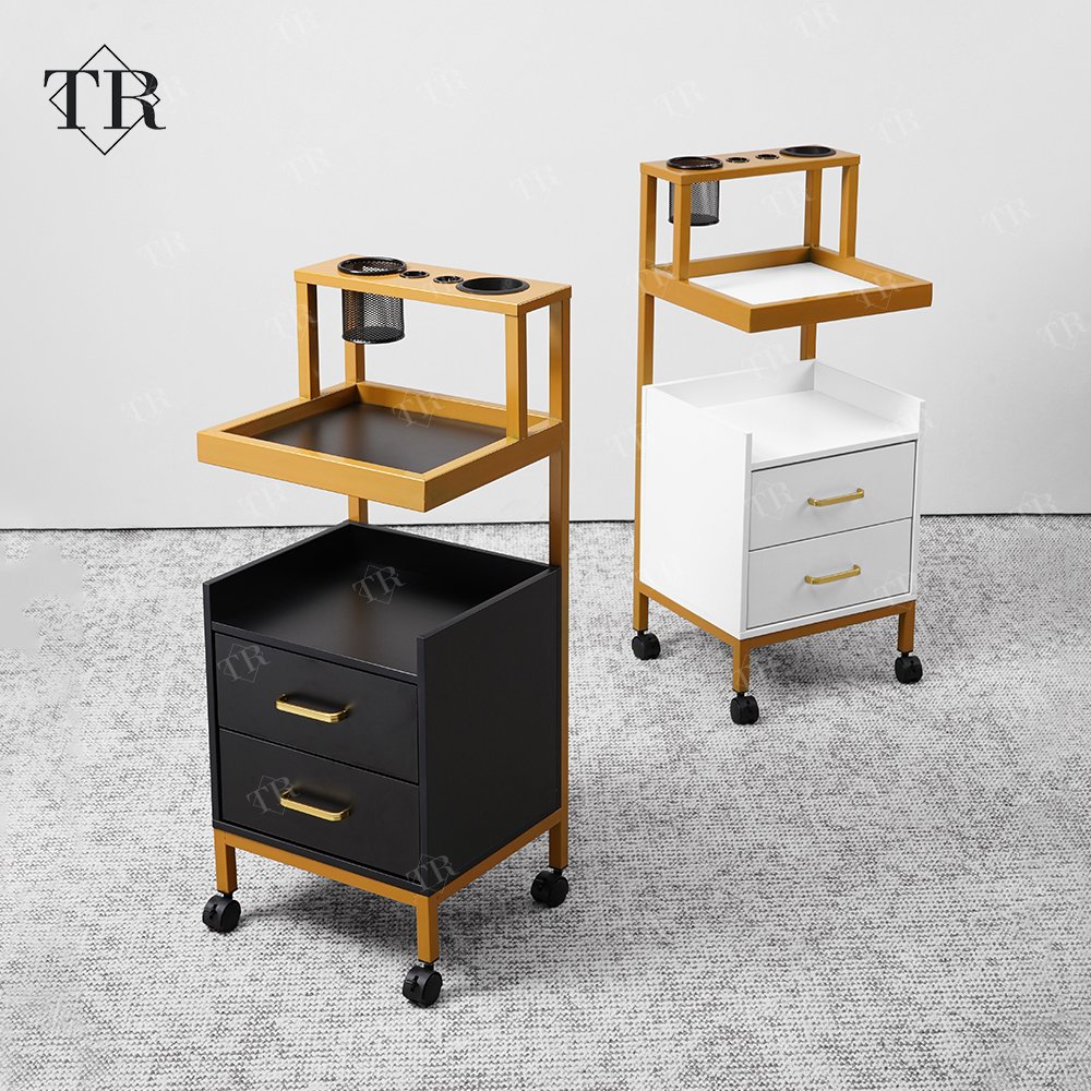 Turri Makeup Trolley Cart Stainless Steel Metal Gold Plated Salon Barber Trolley With Directional Wheels For Barber Shop
