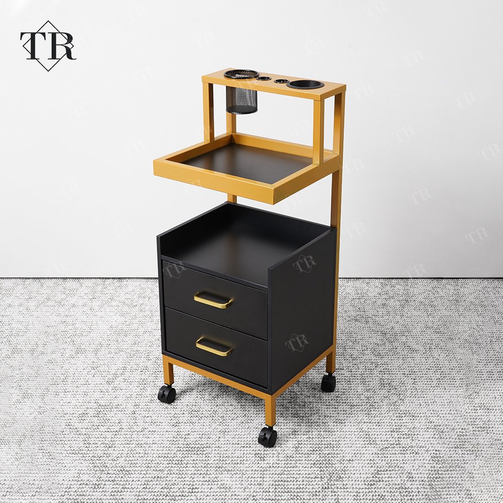 Turri Makeup Trolley Cart Stainless Steel Metal Gold Plated Salon Barber Trolley With Directional Wheels For Barber Shop