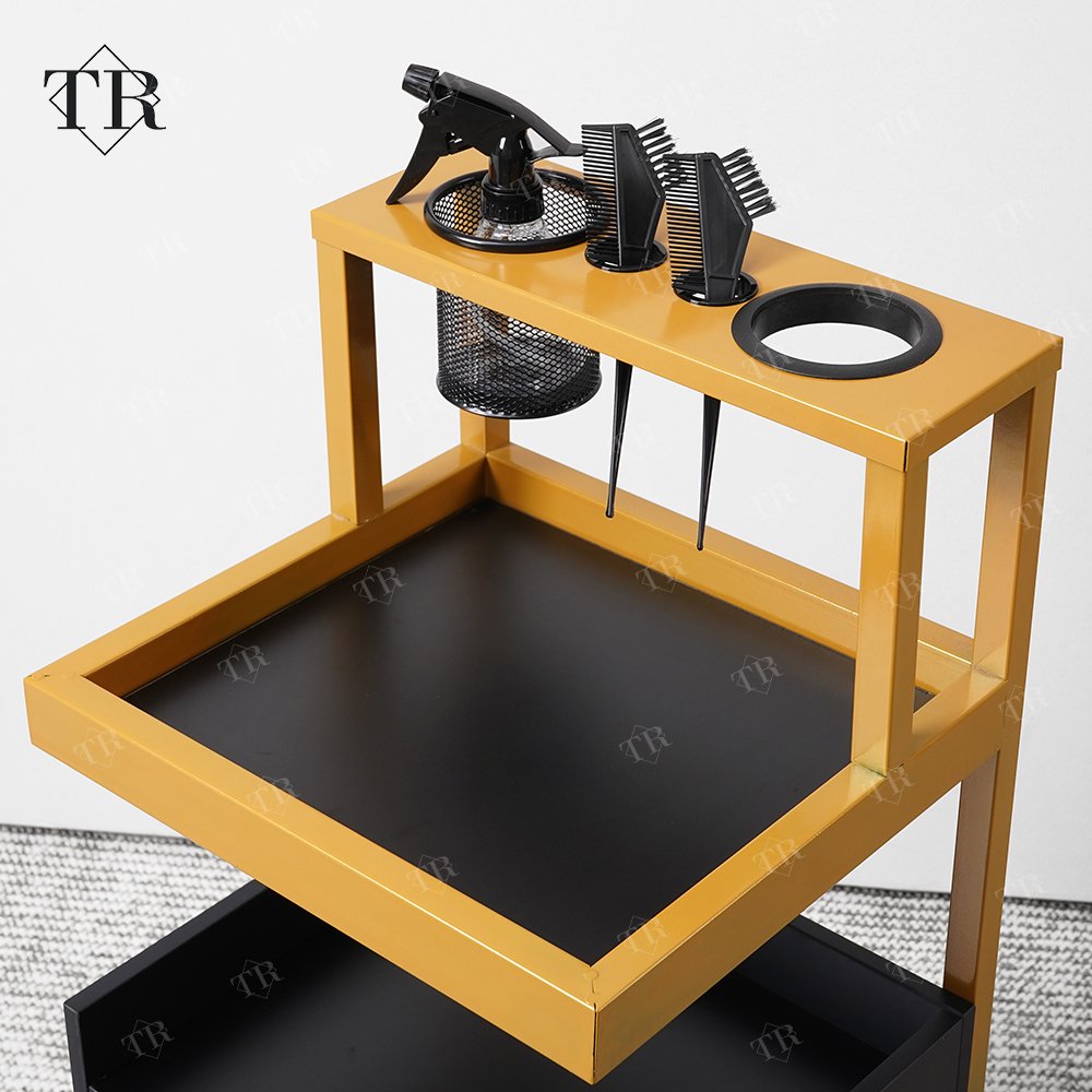 Turri Makeup Trolley Cart Stainless Steel Metal Gold Plated Salon Barber Trolley With Directional Wheels For Barber Shop