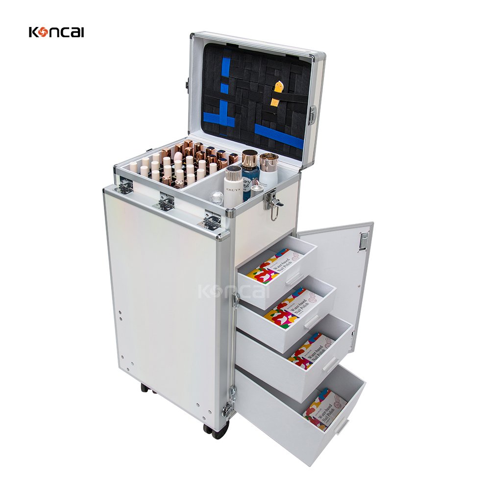 Koncai Nail Desk With Drawers Salon Equipment Rolling Makeup Station Polish Organizer Cosmetic Trolley Case Nail Manicure Table