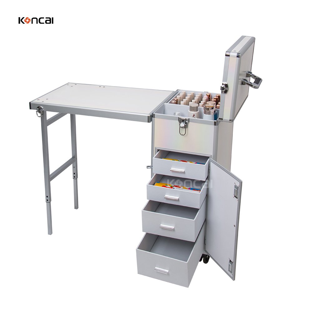 Koncai Nail Desk With Drawers Salon Equipment Rolling Makeup Station Polish Organizer Cosmetic Trolley Case Nail Manicure Table