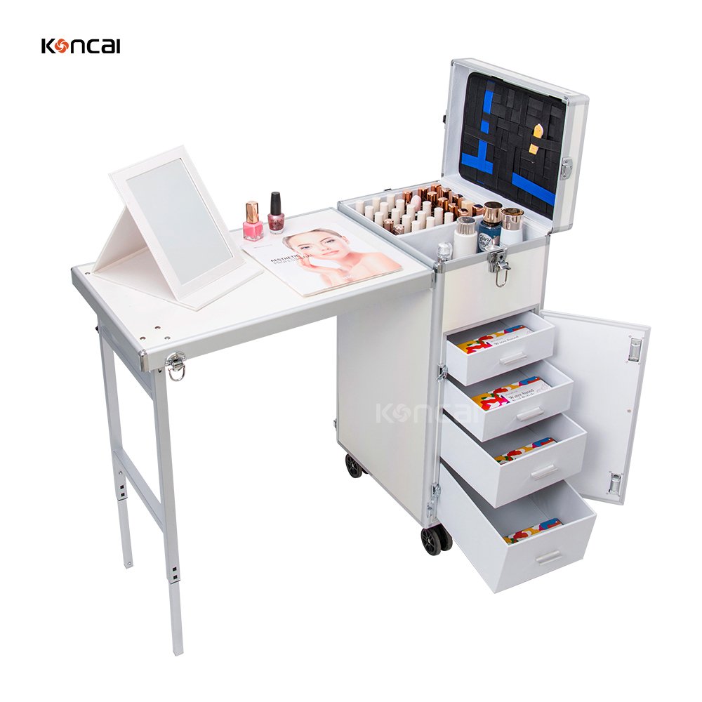 Koncai Nail Desk With Drawers Salon Equipment Rolling Makeup Station Polish Organizer Cosmetic Trolley Case Nail Manicure Table