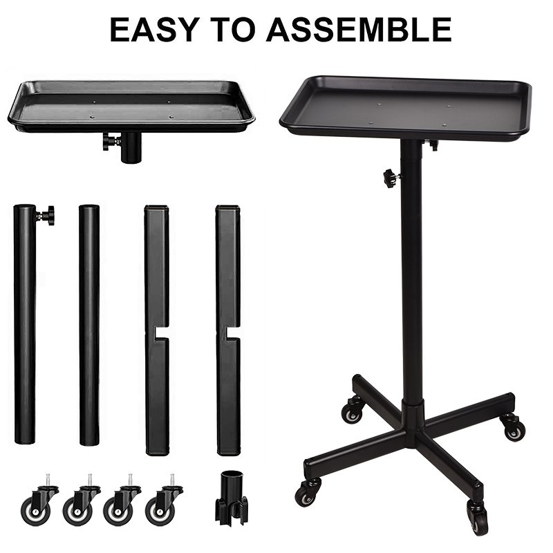 Salon Working Trolleys Adjustable Height Black Hair Salon Trolley Hairdressing Cart Tray with Wheels